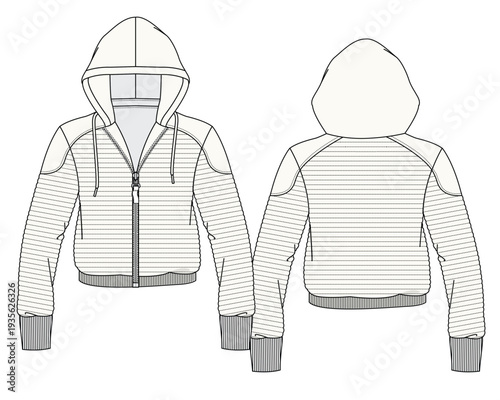 Ladies quilted full zip hoodies vector illustration technical flat drawing by adobe illustrator.