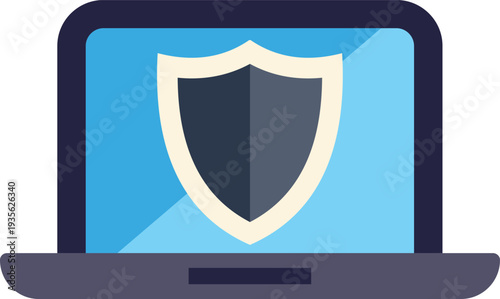 Laptop showing a shield icon, symbolizing cybersecurity and data protection