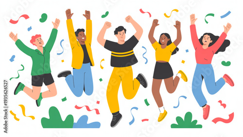 Diverse group of people jumping in celebration with confetti and streamers in the air expressing joy and excitement on a white background
