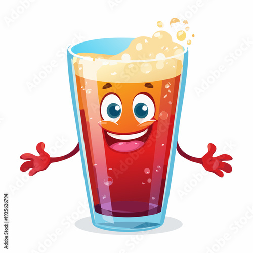 Lively cartoon glass of refreshing fizzy drink with a cheerful face and open arms, radiating happiness and fun