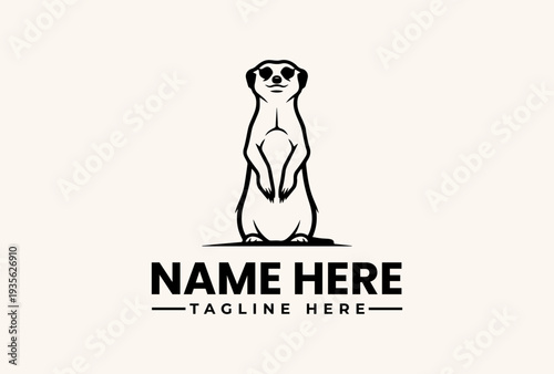 Foto A black and white illustration of a meerkat standing upright with a logo and text placeholder in a simple, modern design against a beige background