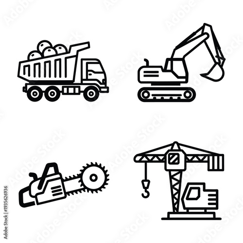 Heavy machinery icons for construction and industry projects