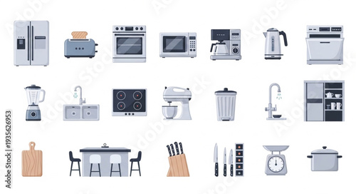 Collection of modern kitchen appliances and furniture.
