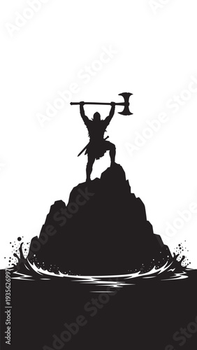 Silhouette of a strongman lifting a barbell on a jagged island peak with crashing waves.