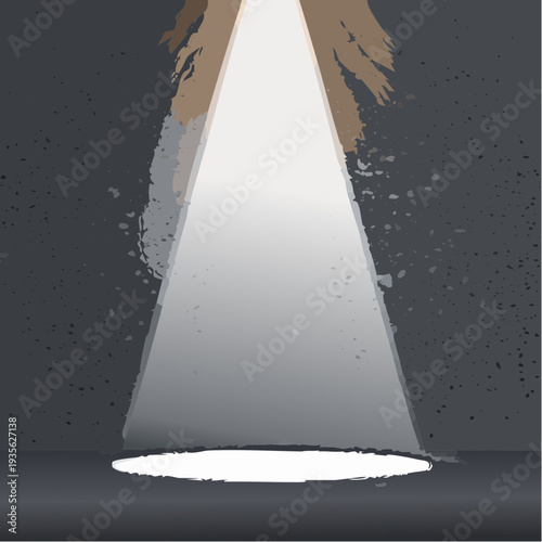 Spotlight illuminates a dark stage with textured walls and a circular beam of light
