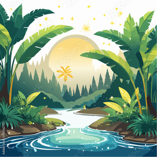 Serene Tropical Jungle River Landscape at Golden Sunrise with Lush Green Foliage