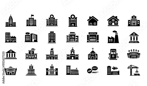 Modern Building Glyph Icons with Skyscraper Government Hospital House and Urban Architecture Symbols Vector