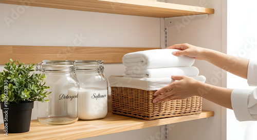 A person neatly organizing folded white towels and laundry supplies in a closet shelf with a plant