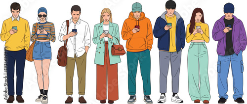 Young people using smartphones standing in line, modern digital lifestyle concept with social media addiction and mobile technology communication vector illustration