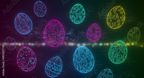 Vibrant neon Easter eggs floating in a dark space with a futuristic digital background and glowing lines, representing celebration and technology fusion.