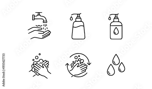 Hygiene Handwashing Thin Line Icon Set Liquid Soap and Running Water Vector