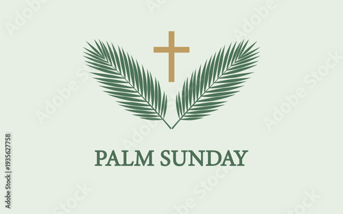 Palm Sunday background with green palm leaves and golden Christian cross on light background,