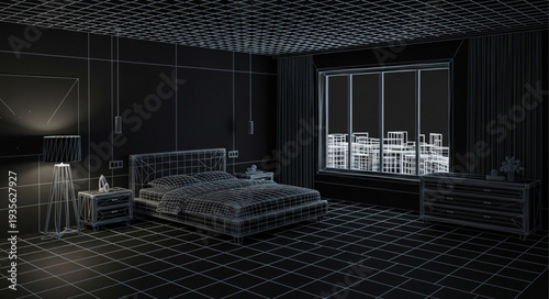 Modern Bedroom Wireframe Design with Futuristic Lighting.