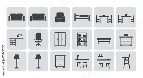 Collection of furniture icons for interior design and home decor.