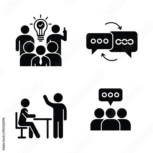 Business team collaboration and communication icons for presentations