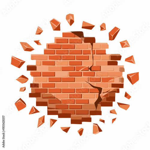 Dynamic illustration of a brick wall shattering into pieces, representing breakthrough, force, and overcoming obstacles