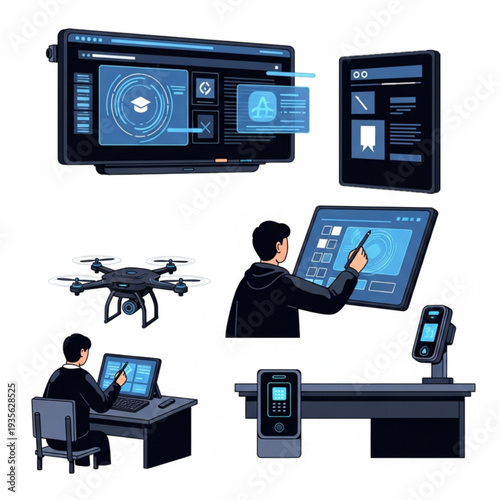 Illustrative depiction of modern technology, digital learning, and human interaction with various devices.