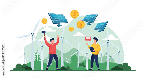 Sustainable energy engineers working at a wind farm with solar panels and floating money coins representing profitable green investments.