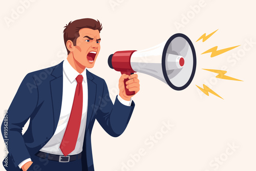Angry Businessman in Suit Shouting into Megaphone for Public Announcement, Communication Skills Concept, Leadership and Protest Illustration, Loud Message Delivery, Attention Grabbing Graphic