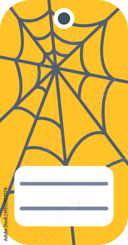 Modern yellow luggage tag illustration featuring a spider web pattern and blank name lines