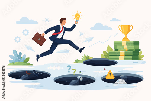 Businessman jumping over dangerous pitfalls and traps to reach a gold trophy and money. Concept of overcoming adversity, business failure, and using creativity for success and achievement.