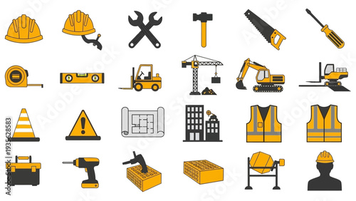 Construction tools and safety equipment icons set.