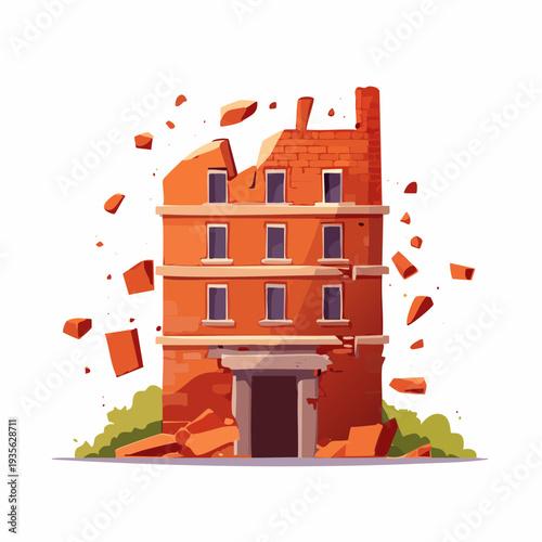 Vibrant cartoon illustration capturing a damaged brick building in a state of collapse and decay, with debris scattered around