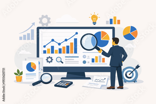 Businessman Analyzing Data Analytics Research on Computer Screen with Magnifying Glass. Financial Analysis, Statistics Report, Graph and Chart Diagram for Business Strategy and Marketing Growth.