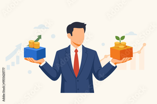 Businessman in a suit balancing two investment options, an ETF box with growth arrows and a mutual fund box with a growing plant, symbolizing financial portfolio management and asset allocation.