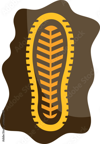 Stylized yellow shoe footprint mark in brown mud symbolizing outdoor hiking or travel