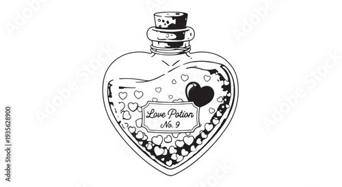 Elegant hand-drawn heart shaped love potion bottle illustration with ornate details.