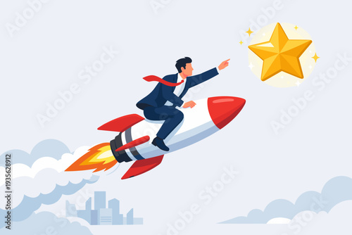 Ambitious businessman in a suit riding a rocket towards a bright golden star, symbolizing career success, startup growth, innovation, leadership, and achieving professional goals and targets.