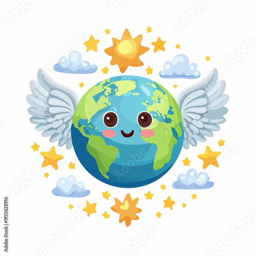 Cute cartoon planet Earth with wings, sun, stars, and clouds, symbolizing a happy and friendly world