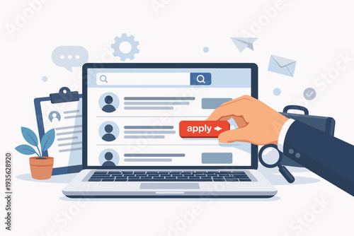 Job Search and Recruitment Concept with Hand Clicking Apply Button on Laptop Screen. Online Employment Career Opportunity, Human Resources HR Management, Hiring Process and Resume Submission.