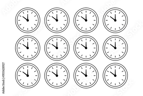 Collection of analog clocks displaying different times in a grid layout Vector
