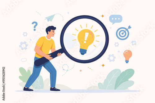 Young Man Holding Huge Magnifying Glass Finding Creative Idea and Problem Solving Concept. Male Character Searching for Solution, Innovation, and Insight with Light Bulb, Target, and Gear Icons.
