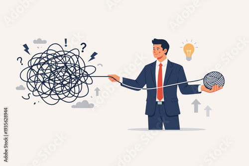 Businessman untangling a complex knot of problems into a neat ball, symbolizing leadership, strategic problem solving, clarity, decision making, and finding creative solutions in business.