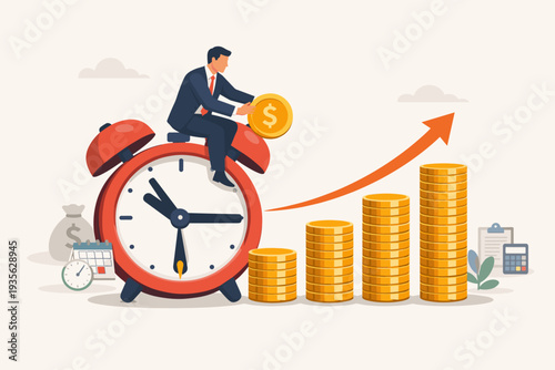 Long-term investing and savings for retirement fund concept with businessman sitting on alarm clock holding gold coin near growing stacks of coins and upward arrow for compound interest growth.