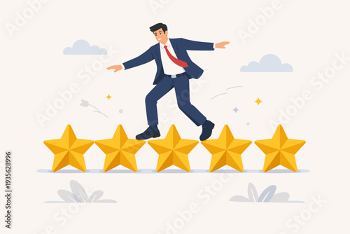 Businessman walking on five gold stars representing annual performance review, employee evaluation, appraisal, and rating feedback. Concept of career success, quality, and high achievement.