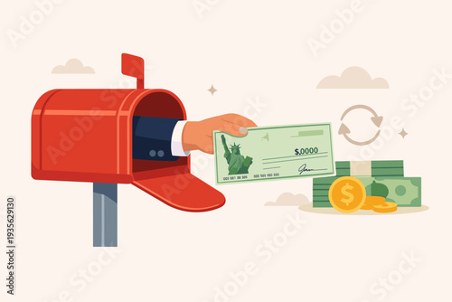 Tax Refund or Rebate Credit Concept with Businessman Hand Reaching Out of a Red Postbox Offering a Government Check with Statue of Liberty Icon Near Stacks of Cash Money and Gold Coins