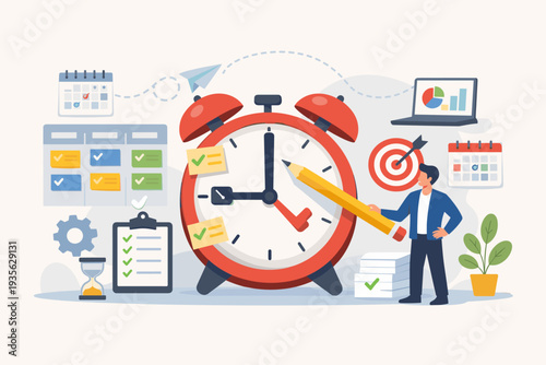 Task Management and Project Planning Concept with Businessman Organizing To-Do List, Schedule, and Deadlines Using Productivity Tools, Alarm Clock, Calendar, and Laptop Vector Illustration.