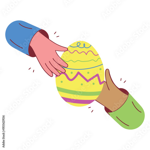 Colorful Easter Egg Exchange Between Hands, Spring Holiday Celebration Concept, Festive Painted Ornament with Bright Patterns, Symbol of Sharing, Christian Tradition, Flat Vector Illustration