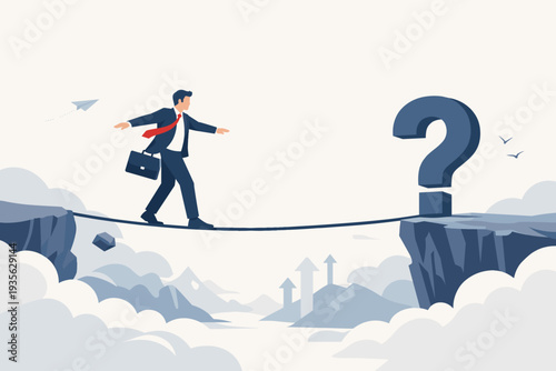 Businessman walking on a tightrope over a cliff towards a giant question mark, representing business risk, uncertainty, overcoming challenges, finding solutions, and career path navigation.