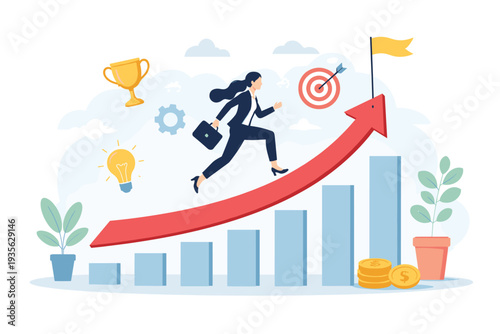 Businesswoman running up a rising red arrow on a bar chart for career growth and success. Concept of professional development, performance improvement, ambition, and reaching business goals.