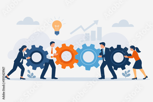 Business Team Working Together to Connect Large Gears for Success and Efficiency. Professional People Cooperating for Solution, Innovation, and Growth. Concept of Synergy, Strategy, and Teamwork.