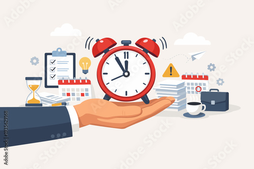 Time Management Concept with Hand Holding Red Alarm Clock, Checklist, Hourglass, and Calendar. Productivity, Efficiency, and Deadline Reminder for Business Work Schedule and Task Organization.