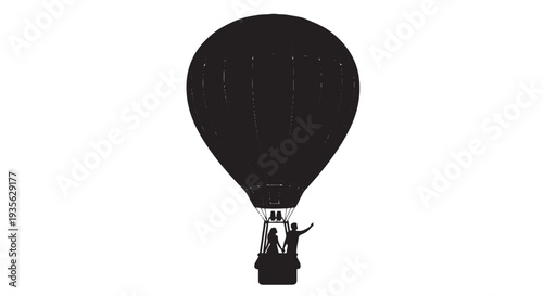 Silhouette of a single hot air balloon rising into the clear sky above the horizon.