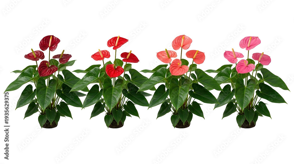 Fototapeta premium anthurium, flamingo flower, tropical plant, red, pink, houseplant, isolated set of four tailflower varieties showing a color gradient on black background for botanical decor.