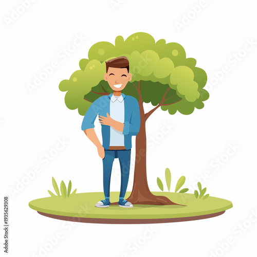 Happy man standing in a park under a large green tree enjoying the outdoors