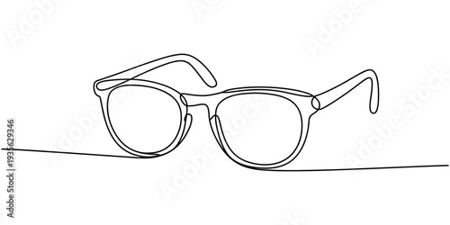 Minimalist continuous line art drawing capturing the classic shape of wayfarer style eyeglasses rendered in a single fluid black stroke against a clean white background for modern visual impact.